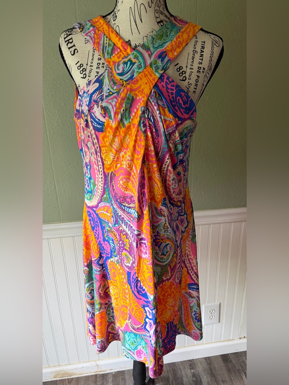 MSK Vibrant Paisley Dress Criss Cross Neckline Super Stretchy.